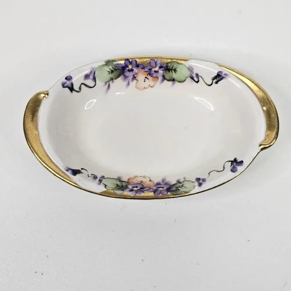 Antique hand-painted porcelain nappy dish candy bowl violet motif gold trim